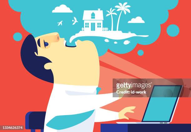 businessman exhaling and thinking while using computer - mouth open stock illustrations