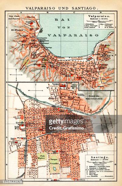 map of valparaiso and santiago de chile 1895 - chile map stock illustrations