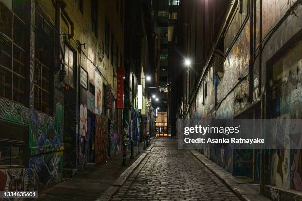 An empty Hosier Lane on August 17, 2021 in Melbourne, Australia. Lockdown restrictions have been extended for another two weeks across Melbourne as...