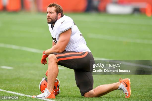 Fullback Andy Janovich of the Cleveland Browns looks on during Cleveland Browns Training Camp on August 10, 2021 in Berea, Ohio.