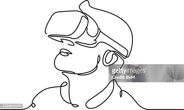 illustrations, cliparts, dessins animés et icônes de dessin continu d’une ligne homme en lunettes dispositif réalité virtuelle - line art