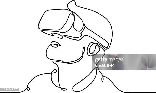 bildbanksillustrationer, clip art samt tecknat material och ikoner med continuous one line drawing man in glasses device virtual reality - vr glasses