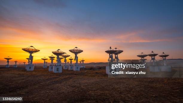 a panoramic view of the radio telescope cluster - radio telescope stock pictures, royalty-free photos & images