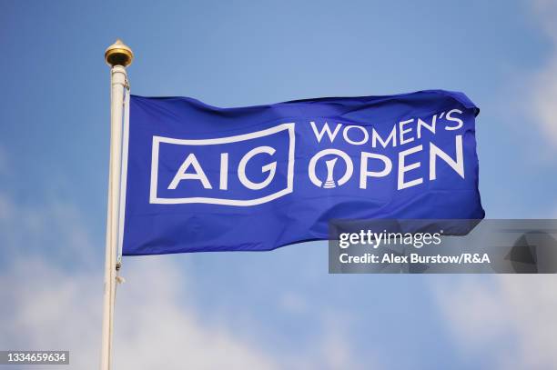 General view of an AIG Women's Open branded flag seen flying in the wind during previews prior to the AIG Women's Open at Carnoustie Golf Links on...