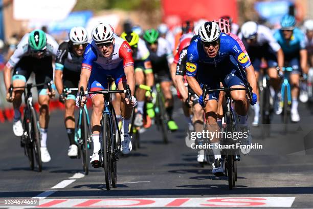 Fabio Jakobsen of Netherlands and Team Deceuninck - Quick-Step sprints to win ahead of Arnaud Demare of France and Team Groupama - FDJ during the...