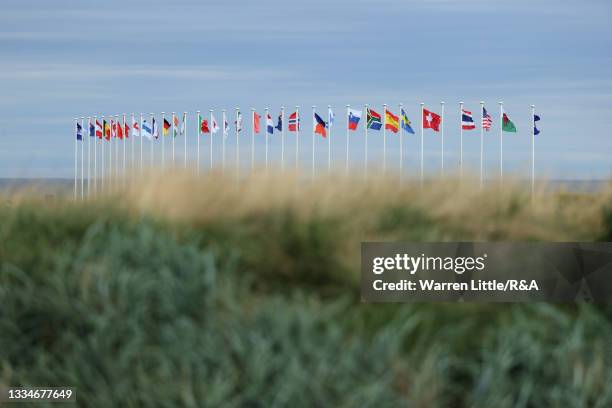 General view of driving range flags during a practice round prior to the AIG Women's Open at Carnoustie Golf Links on August 17, 2021 in Carnoustie,...