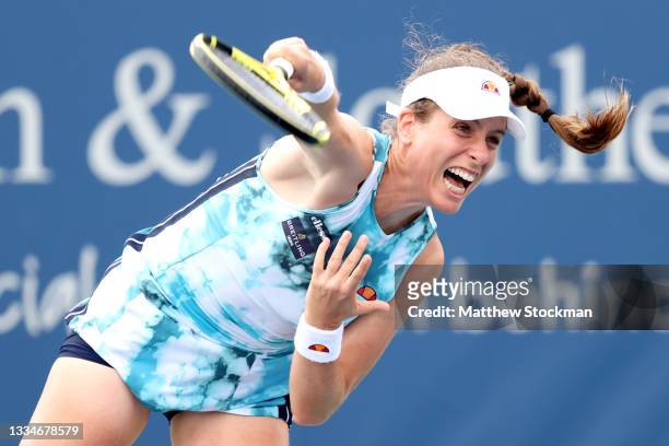 Johanna Konta of Great Britain serves to Karolina Muchova of Czech Republic during the Western & Southern Open at Lindner Family Tennis Center on...