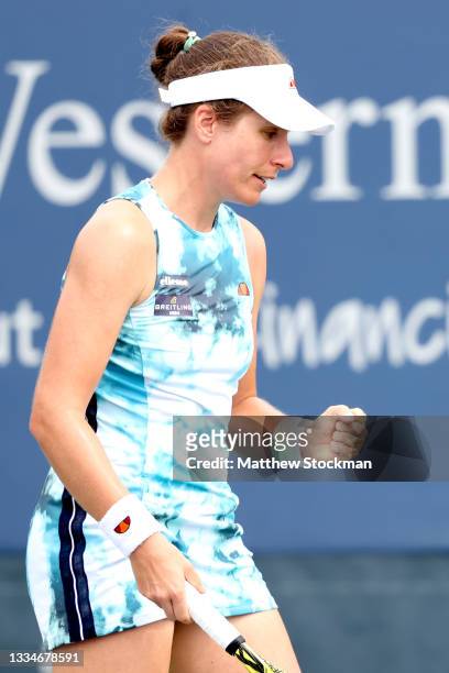 Johanna Konta of Great Britain celebrates a point against Karolina Muchova of Czech Republic during the Western & Southern Open at Lindner Family...