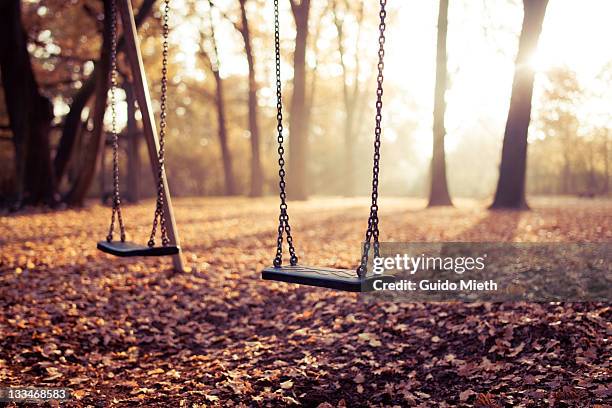 two swings on playground in sunlight - balançoire photos et images de collection