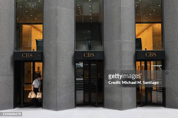 Man enters the CBS Building, also known as the Black Rock building on August 17, 2021 in New York City. ViacomCBS is selling the building to Harbor...
