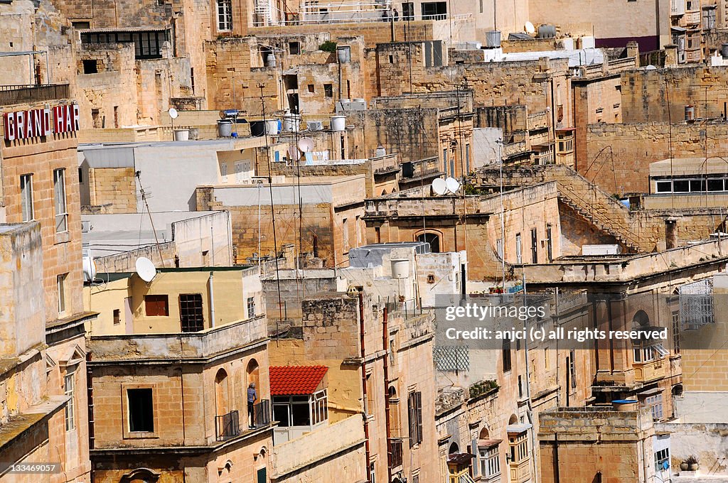 Facades and rooftops in central Valletta, Malta