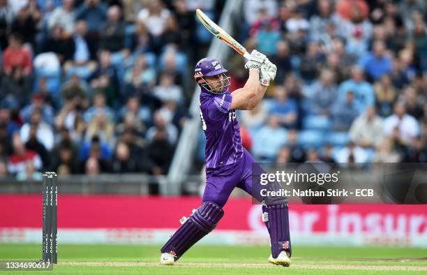 Chris Lynn of Northern Superchargers Men plays a shot during The Hundred match between Northern Superchargers Men and Birmingham Phoenix Men at...