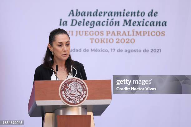 Head of Government of Mexico City Claudia Sheinbaum speaks during the paralympic delegation's farewell at Palacio Nacional on August 17, 2021 in...