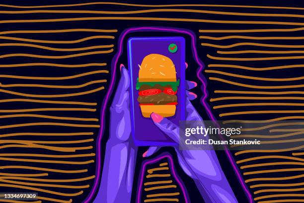 retro app: ordering food online - essential workers vector stock illustrations