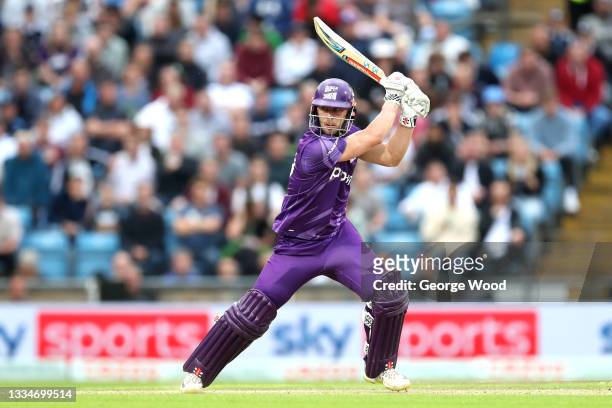 Chris Lynn of Northern Superchargers plays a shot during The Hundred match between Northern Superchargers Men and Birmingham Phoenix Men at Emerald...