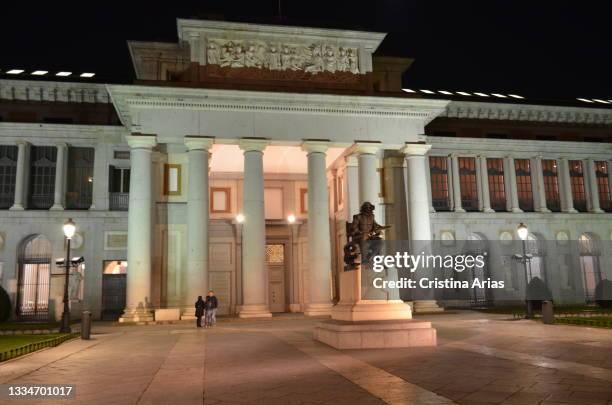 Night view of the Velazquez Gate at the main entrance of the Prado Museum on February 20, 2016 in Madrid, Spain.