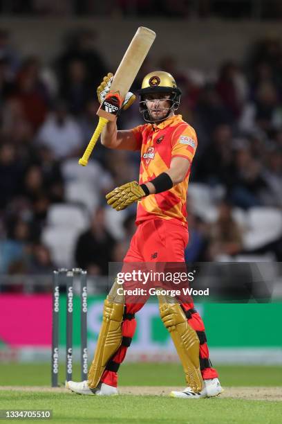 Liam Livingstone of Birmingham Phoenix celebrates reaching a half century during The Hundred match between Northern Superchargers Men and Birmingham...