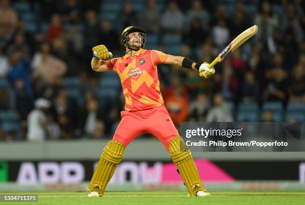 Liam Livingstone of Birmingham Phoenix celebrates after Birmingham Phoenix won The Hundred match between Northern Superchargers Men and Birmingham...