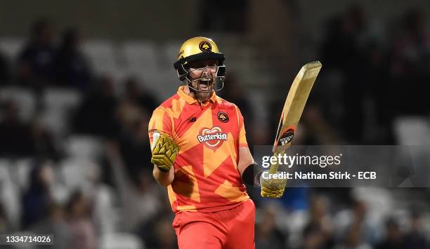 Liam Livingstone of Birmingham Phoenix Men celebrates following The Hundred match between Northern Superchargers Men and Birmingham Phoenix Men at...