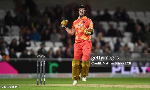 Liam Livingstone of Birmingham Phoenix Men celebrates following The Hundred match between Northern Superchargers Men and Birmingham Phoenix Men at...