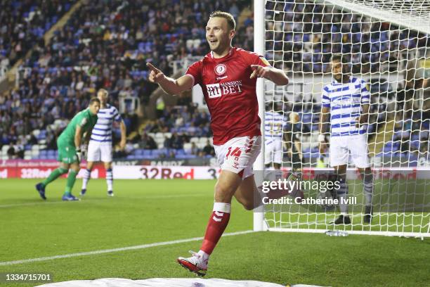 Andreas Weimann of Bristol City celebrates after scoring his team's third goal during the Sky Bet Championship match between Reading and Bristol City...