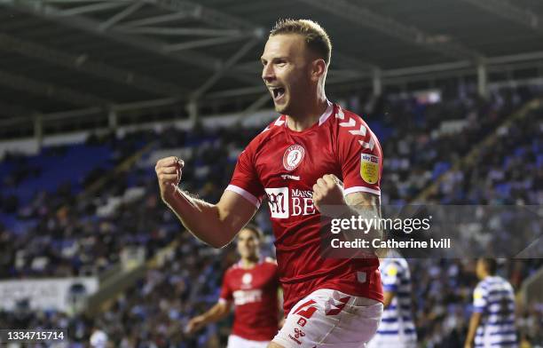 Andreas Weimann of Bristol City celebrates after scoring his team's third goal during the Sky Bet Championship match between Reading and Bristol City...