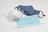 N95, surgical and cloth face masks. Covid-19 face mask choices, comparison and protection concept