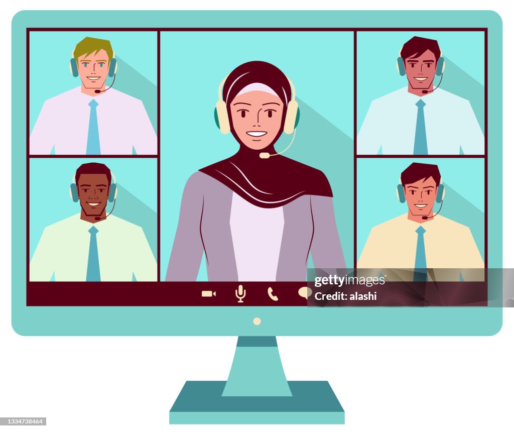One businesswoman and four businessmen are attending a video conference (Multi-Ethnic Group)