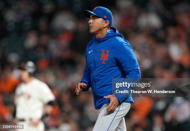 Manager Luis Rojas of the New York Mets comes out to the mound to make a pitching change against the San Francisco Giants in the bottom of the fourth...