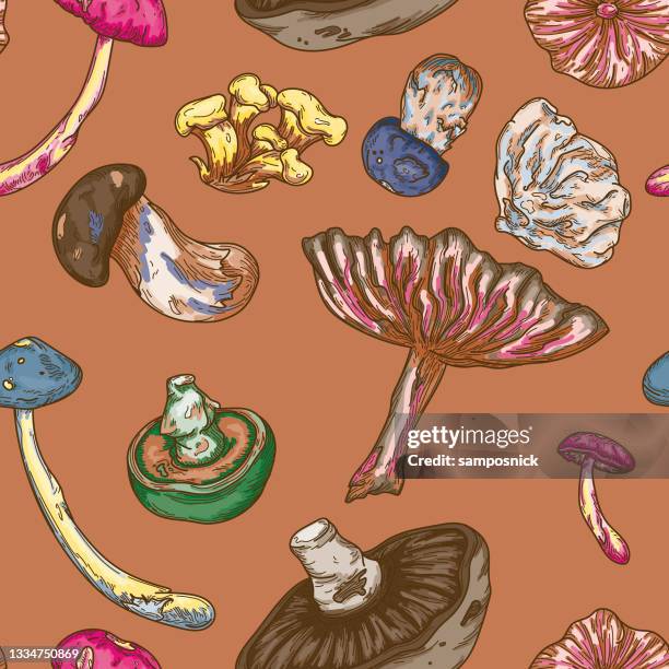 psychedelic colour line art forest mushroom seamless pattern - mushroom vector stock illustrations