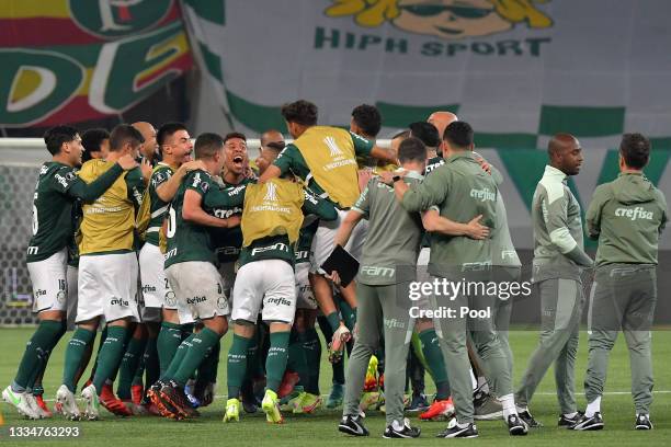 Gustavo Gómez of Palmeiras celebrates with teammates after winning a quarter final second leg match between Palmeiras and Sao Paulo as part of Copa...