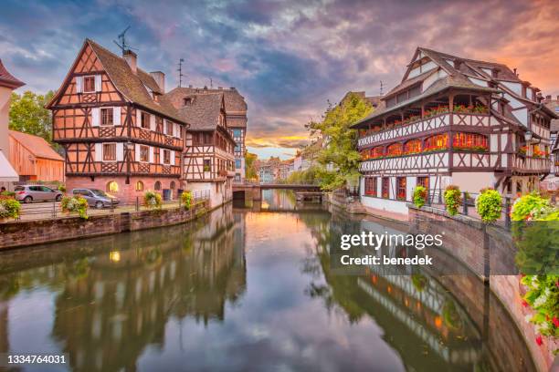 half timbered houses strasbourg petite france downtown - strasbourg stock pictures, royalty-free photos & images