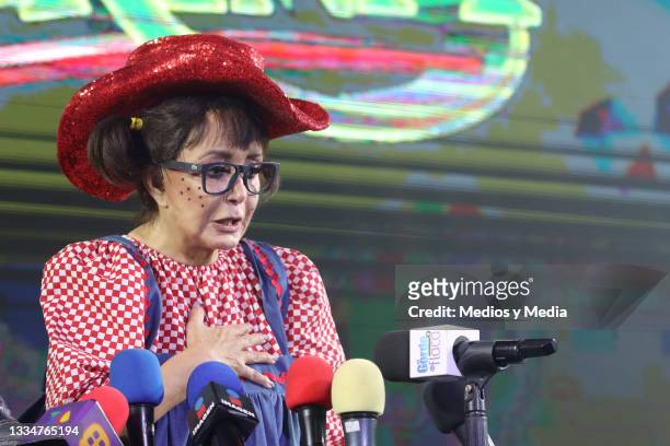María Antonieta de las Nieves aka La Chilindrina speaks to the press at Salon Las Tertulias on August 17, 2021 in Mexico City, Mexico. After 11 years...