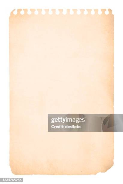 a vertical vector illustration of a blank off white paper sheet or cream or beige colored ripped or torn page from a spiral notepad with punched holes at the top edge - perforated paper stock illustrations