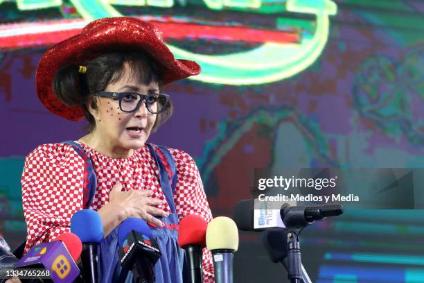 María Antonieta de las Nieves aka La Chilindrina speaks to the press at Salon Las Tertulias on August 17, 2021 in Mexico City, Mexico. After 11 years...