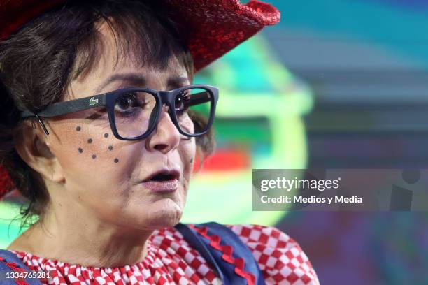 María Antonieta de las Nieves aka La Chilindrina speaks to the press at Salon Las Tertulias on August 17, 2021 in Mexico City, Mexico. After 11 years...