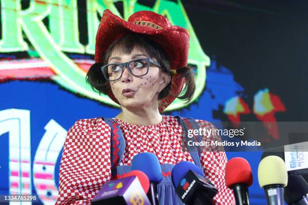 María Antonieta de las Nieves aka La Chilindrina speaks to the press at Salon Las Tertulias on August 17, 2021 in Mexico City, Mexico. After 11 years...