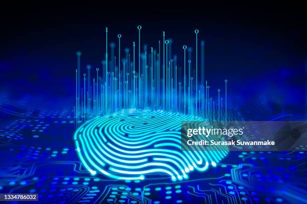 3d technology illustration a fingerprint scanner is integrated into the printed circuit. release binary code - identidad fotografías e imágenes de stock