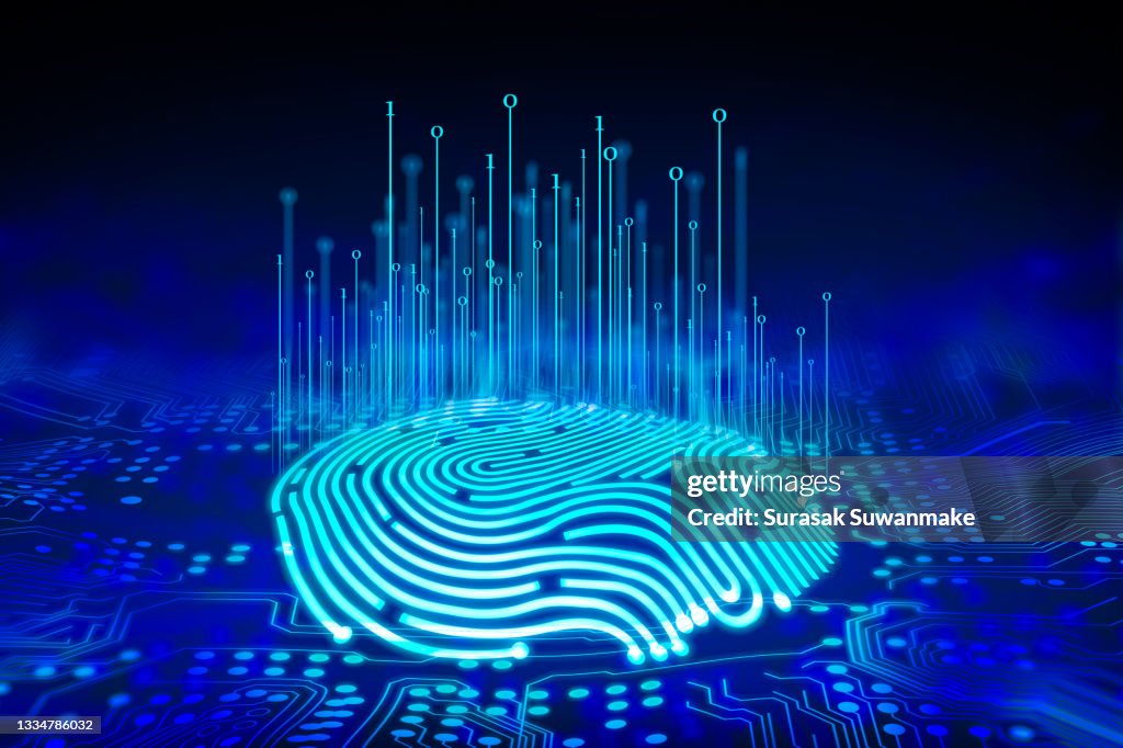 3d technology illustration A fingerprint scanner is integrated into the printed circuit. release binary code