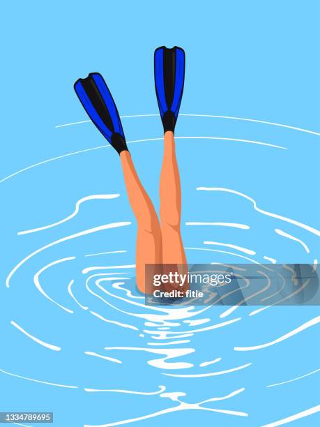 stockillustraties, clipart, cartoons en iconen met sexy legs with diving flippers falling into water . - zwemvliezen