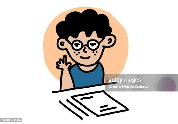 hand drawn doodle concept of a boy sitting at his school desk and writing in his workbook. - student thinking white background stock illustrations