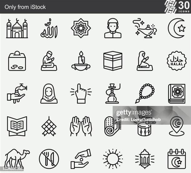 ilustraciones, imágenes clip art, dibujos animados e iconos de stock de islam, islámico, ramadán, árabe, iconos de la línea religiones - fasting activity