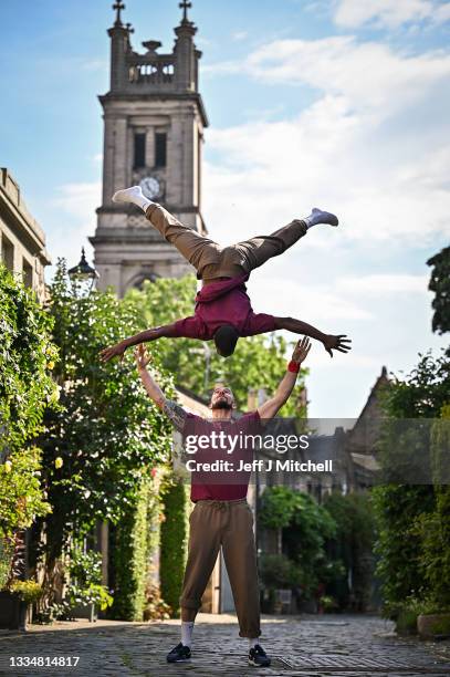 The cast of Bromance Luke Chadwick-Jones, Eric Johnson Blaze Mitchell perform in Circus Lane ahead of their debut at The Edinburgh Fringe on August...