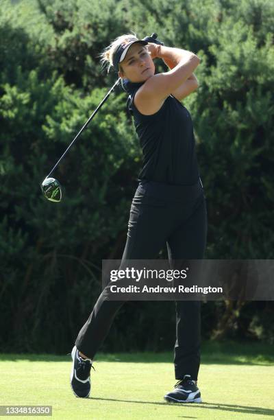 Lexi Thompson of United States tees off on the 9th hole during the Pro-Am prior to the AIG Women's Open at Carnoustie Golf Links on August 18, 2021...