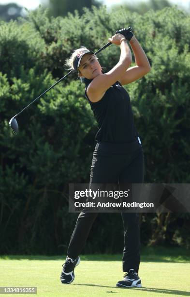 Lexi Thompson of United States tees off on the 9th hole during the Pro-Am prior to the AIG Women's Open at Carnoustie Golf Links on August 18, 2021...