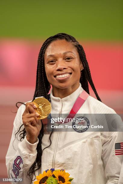 August 7: Allyson Felix of the United States with her gold medal after the United States team won the 4x 400m relay final. Allyson Felix is now the...