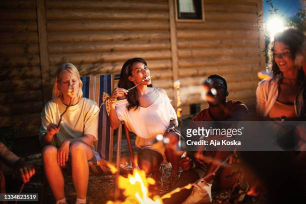 friends roasting marshmallows over bonfire at the cottage. - haardvuur stockfoto's en -beelden