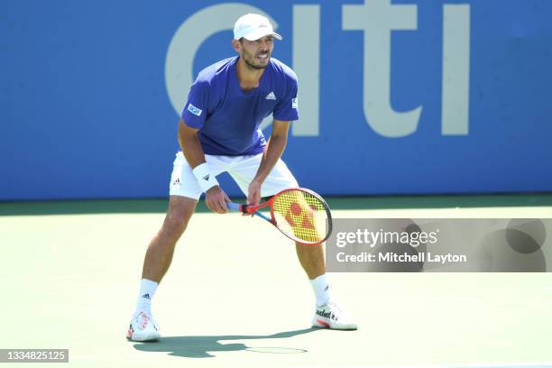 Ben McLachlan of Japan in position during a double final match against Michael Venus of New Zealand and Neal Skupski of Great Britain on Day 9 during...