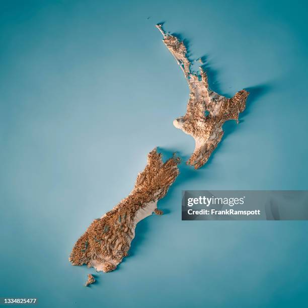 neuseeland land 3d topographische karte neutral rendern - new zealand map stock-fotos und bilder