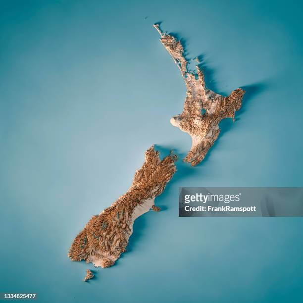 new zealand country 3d render topographic map neutral - new zealand stock pictures, royalty-free photos & images